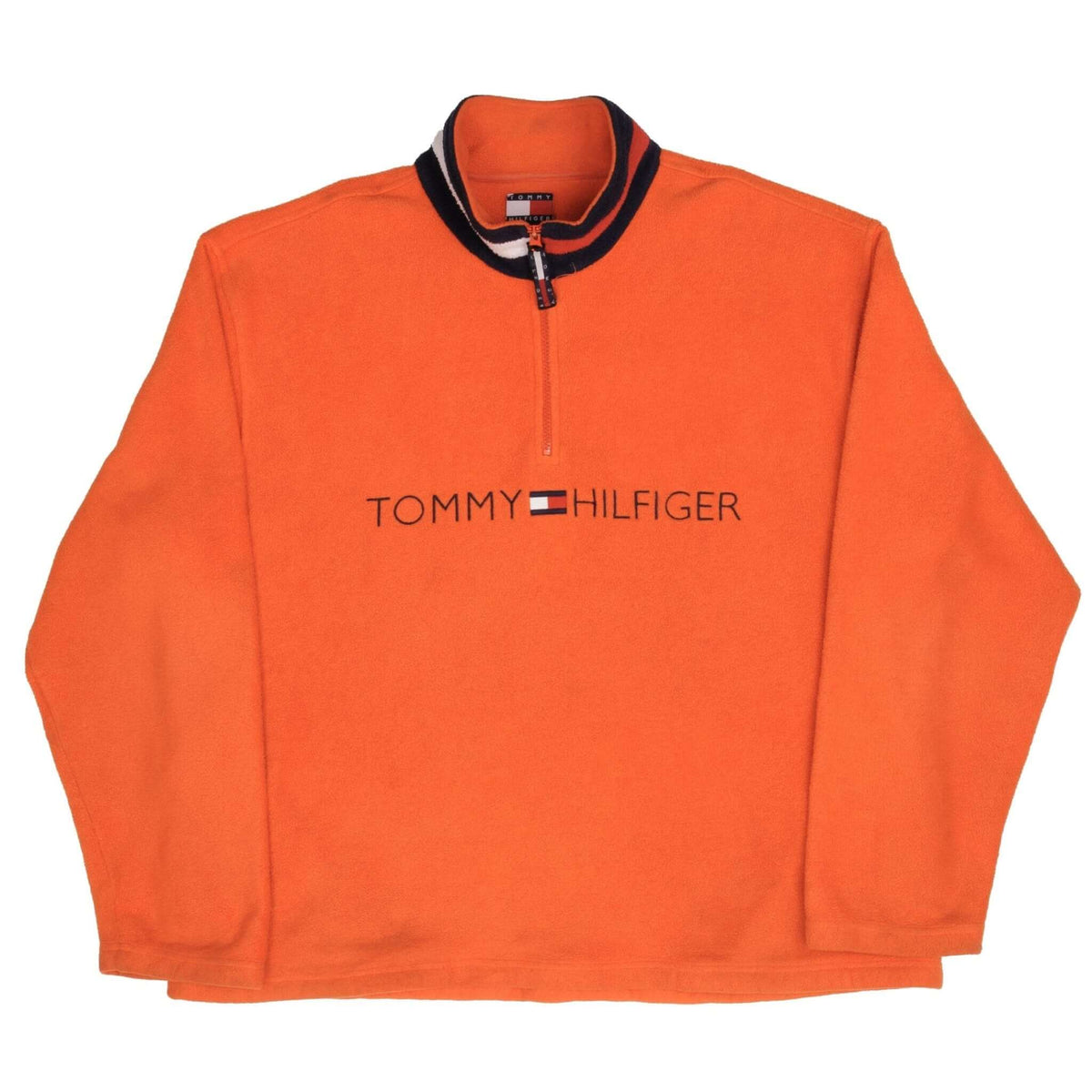Full front of orange Tommy Hilfiger fleece quarter-zip pullover with striped collar