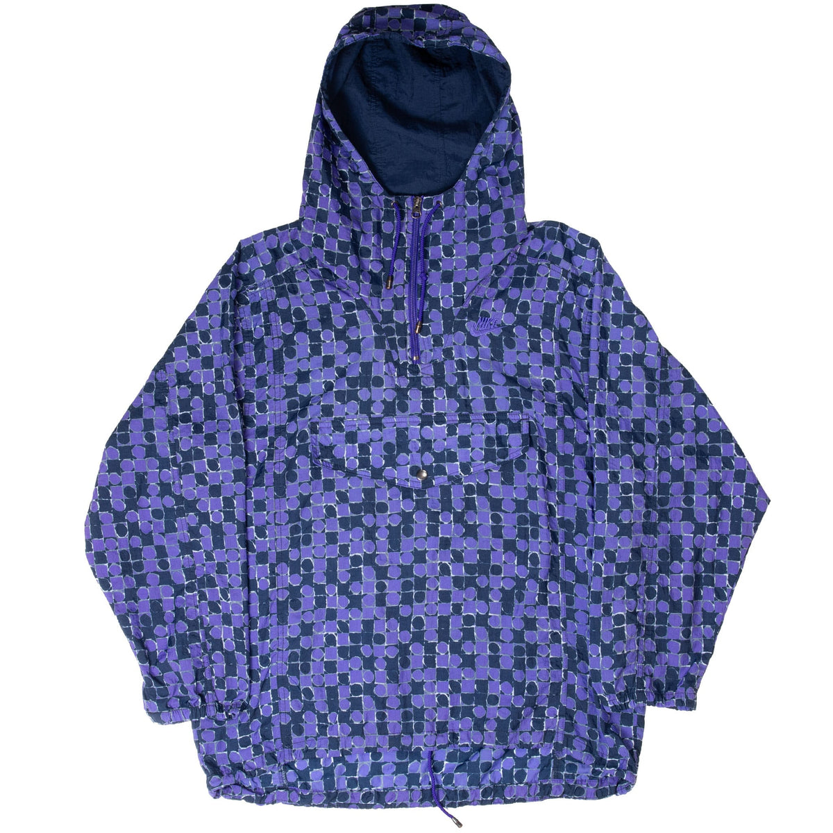 Full front view of purple and navy dotted Nike hooded pullover jacket