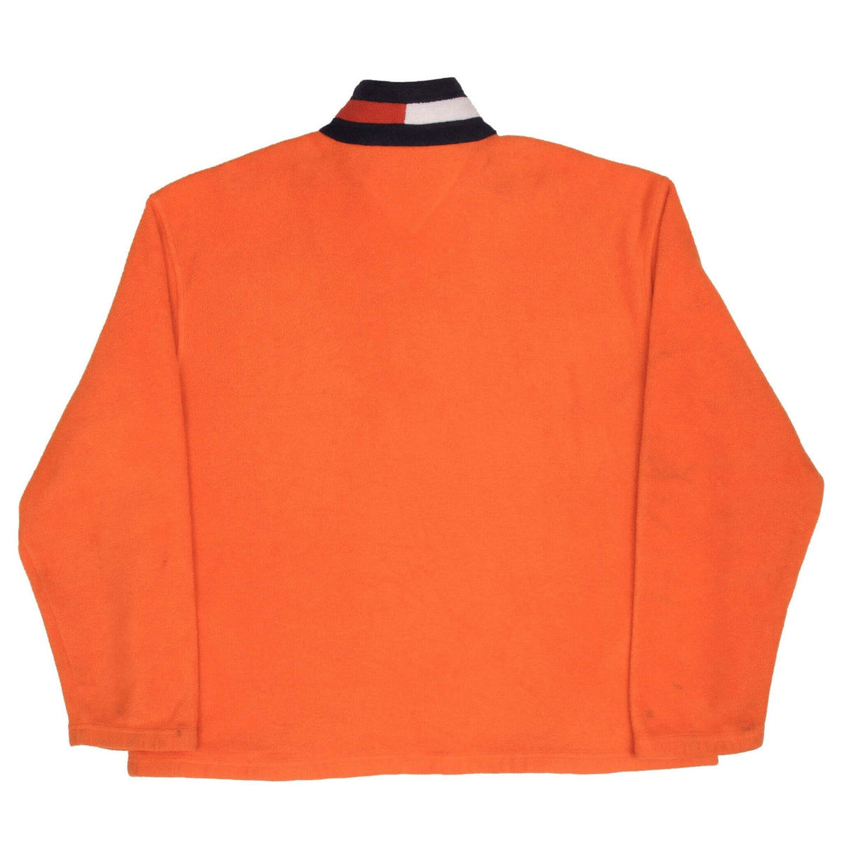 Back of orange Tommy Hilfiger fleece pullover with navy, red, and white striped collar