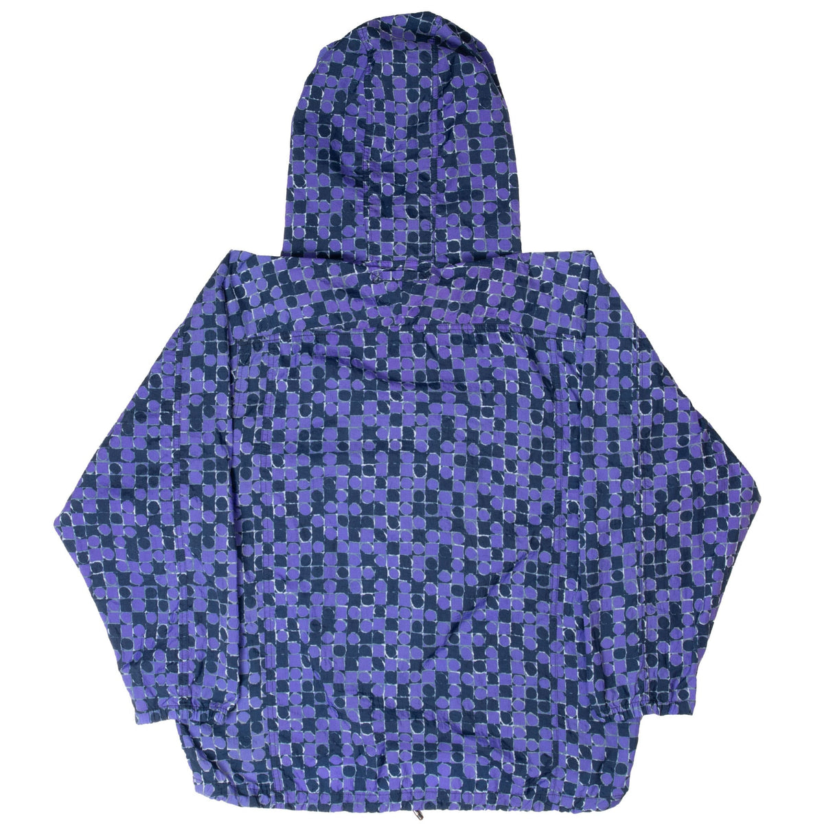 Back of purple and navy dotted Nike hooded pullover jacket