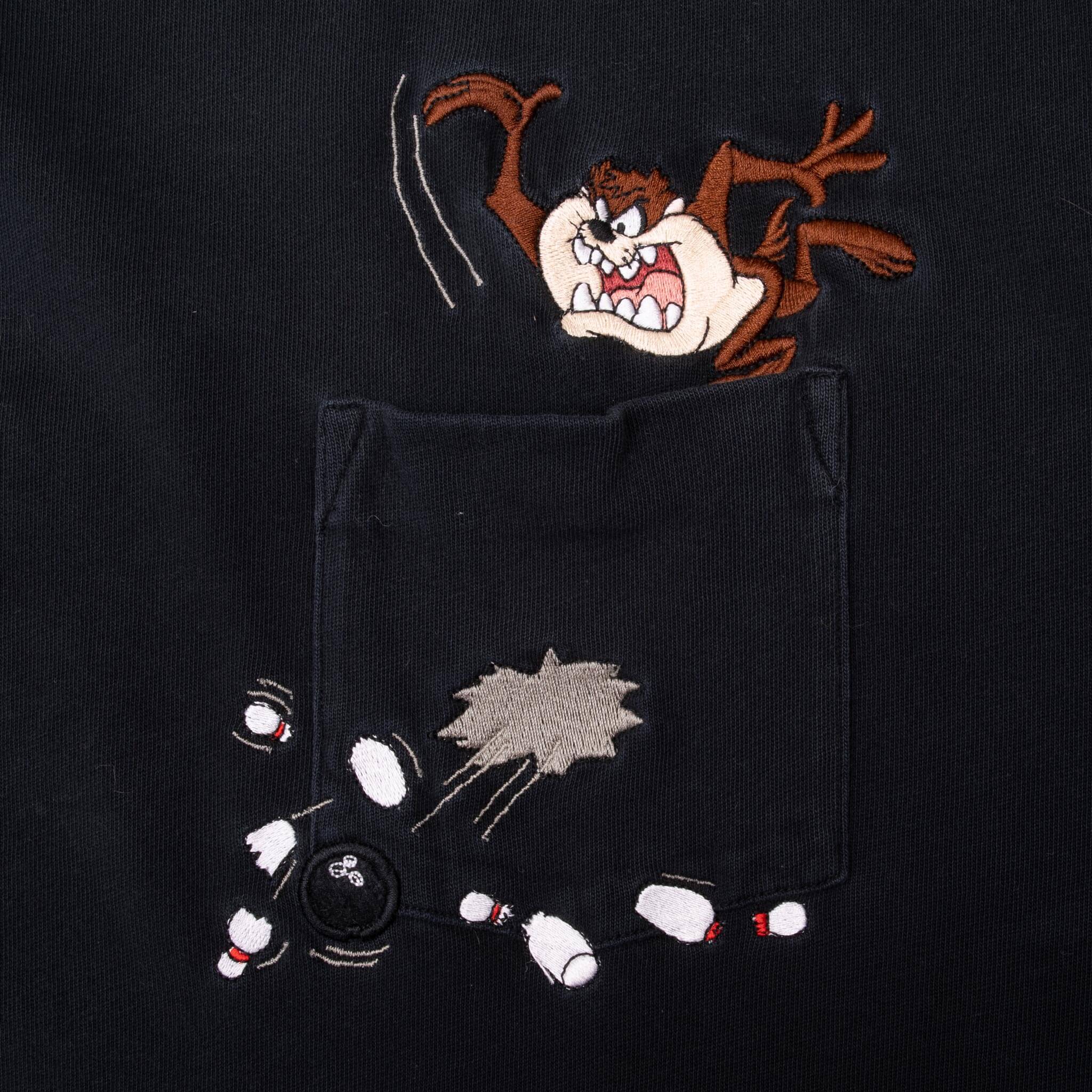 Vintage Looney Tunes Taz Bowling Embroidered Pocket Tee Shirt 1990S Size 2XL