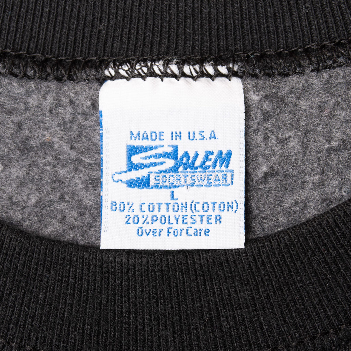 Salem Sportswear neck label showing Made in USA and cotton-polyester blend
