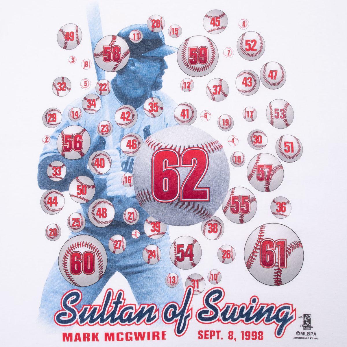 Mark McGwire Sultan of Swing graphic with home run baseballs and Sept. 8, 1998 date
