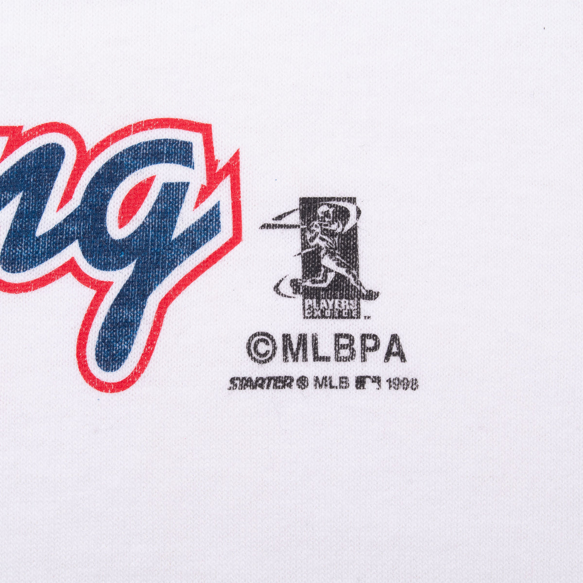 Close-up of MLB Players Association and Starter licensing print on shirt graphic