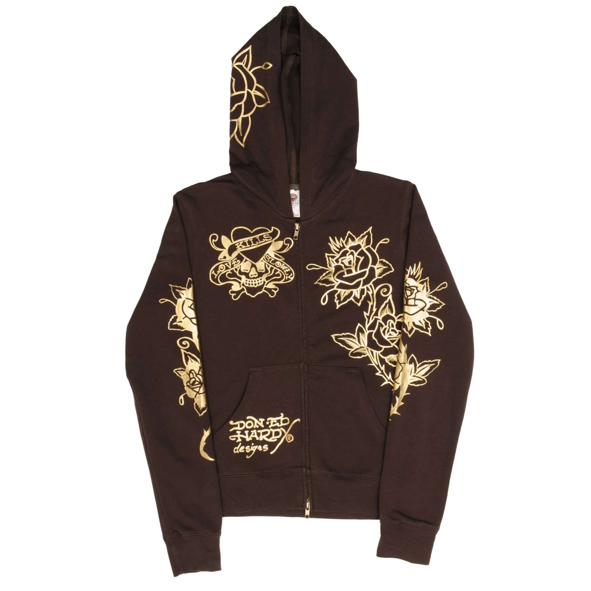 Vintage Ed Hardy Rhinestones Full Zip Hoodie Sweatshirt 2000S Size Women Large Made In USA