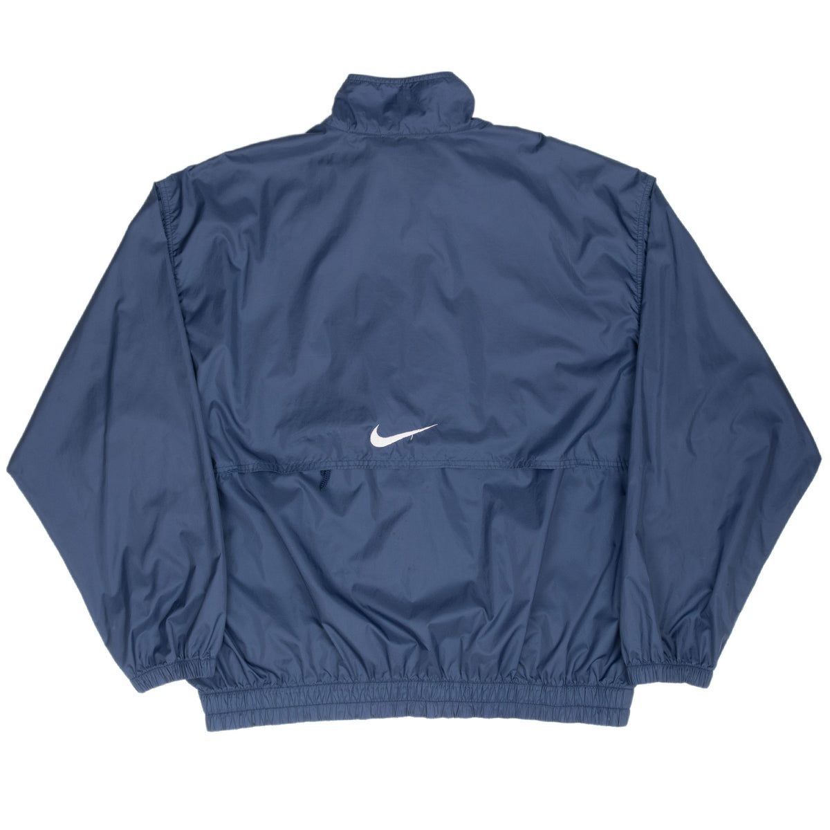 Back view of navy blue Nike windbreaker with white Swoosh and vented panel