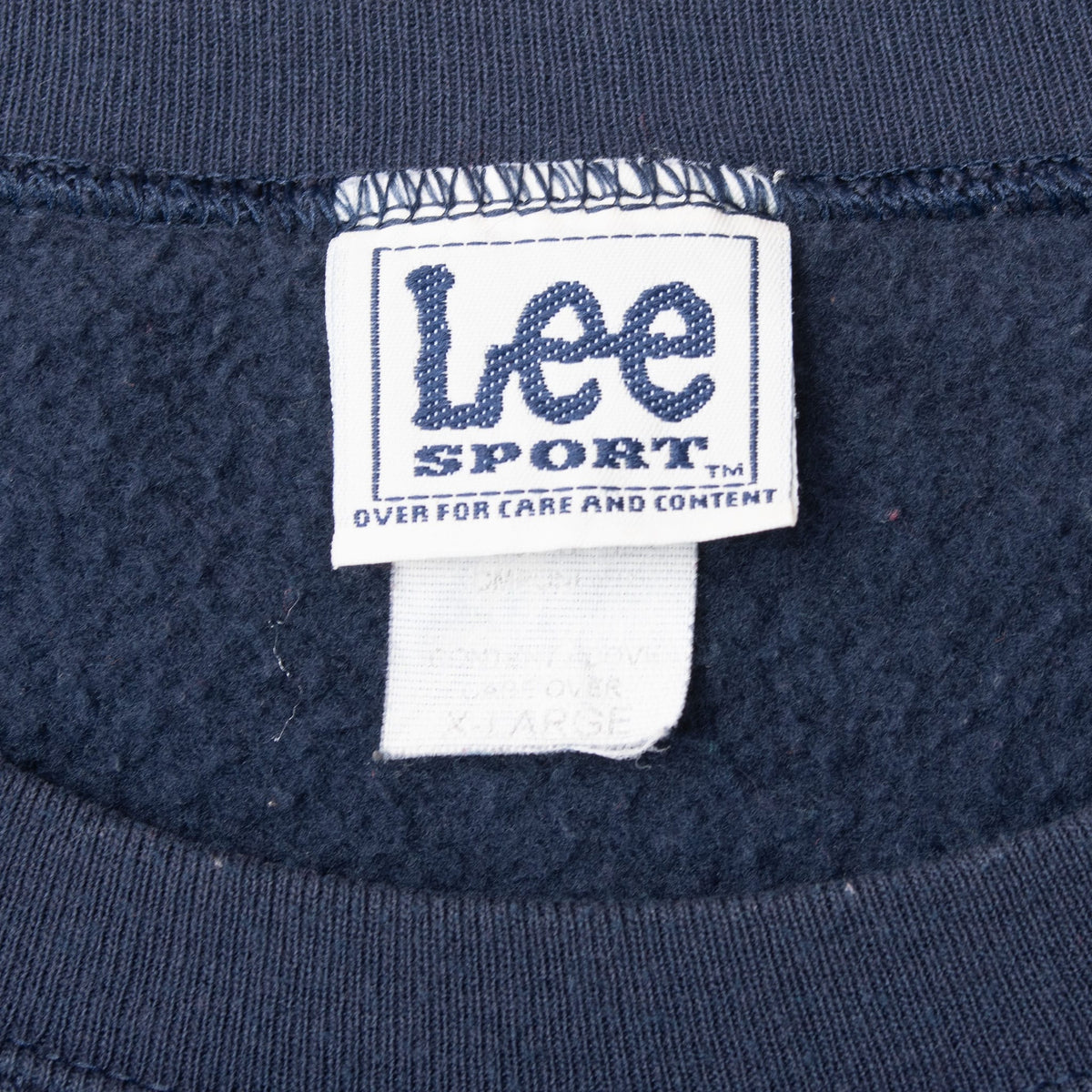 Close-up of Lee Sport neck label inside navy sweatshirt