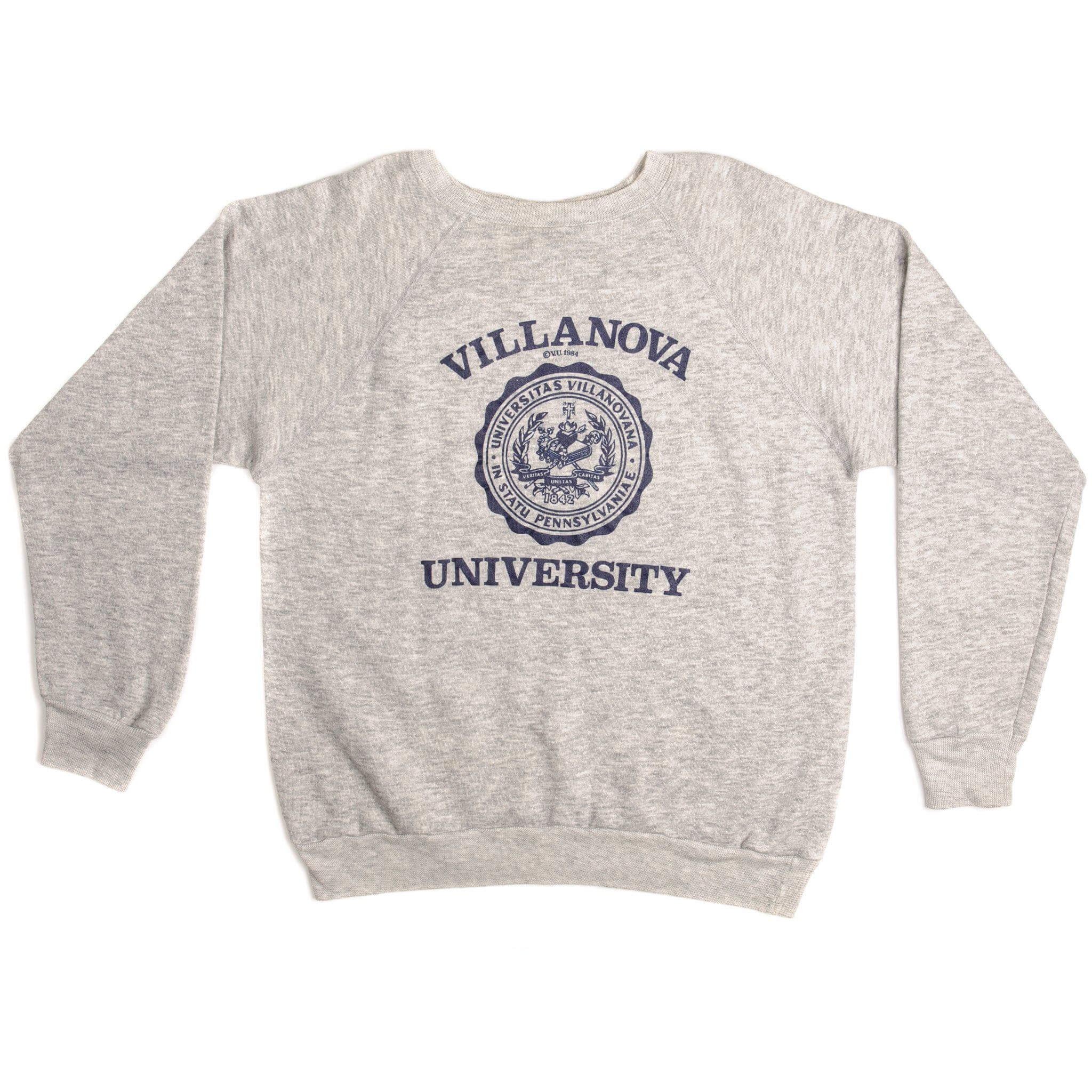 Full front view of gray Champion Villanova University crewneck sweatshirt