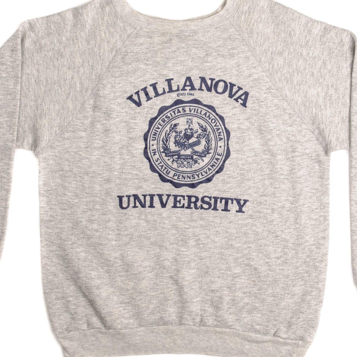 Front of gray Champion Villanova University sweatshirt with navy seal graphic