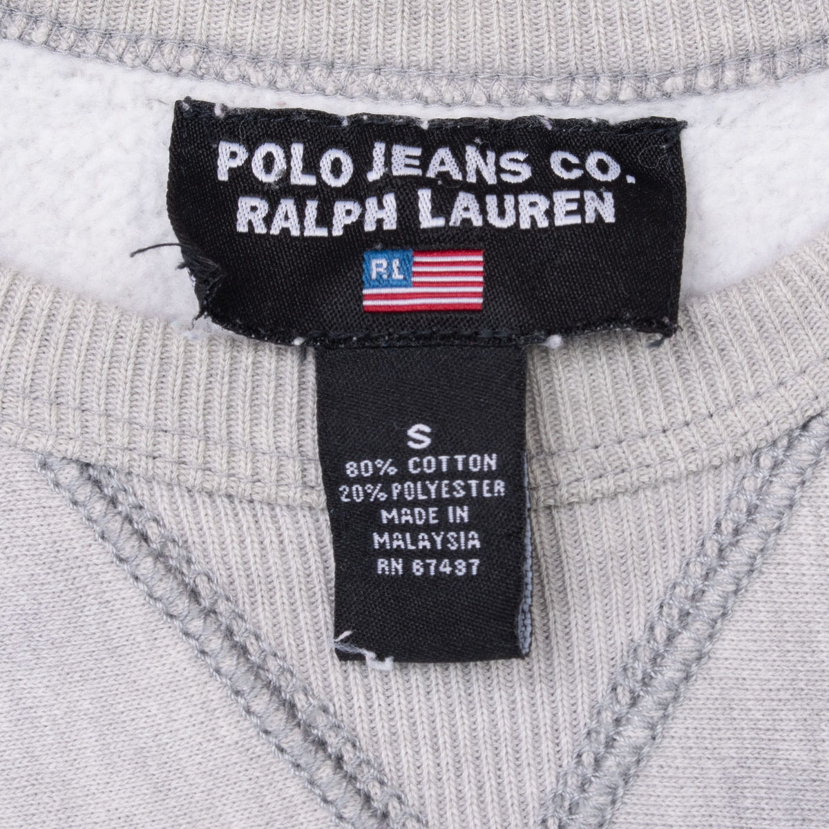 Polo Jeans Co. Ralph Lauren neck and size S care labels inside grey sweatshirt