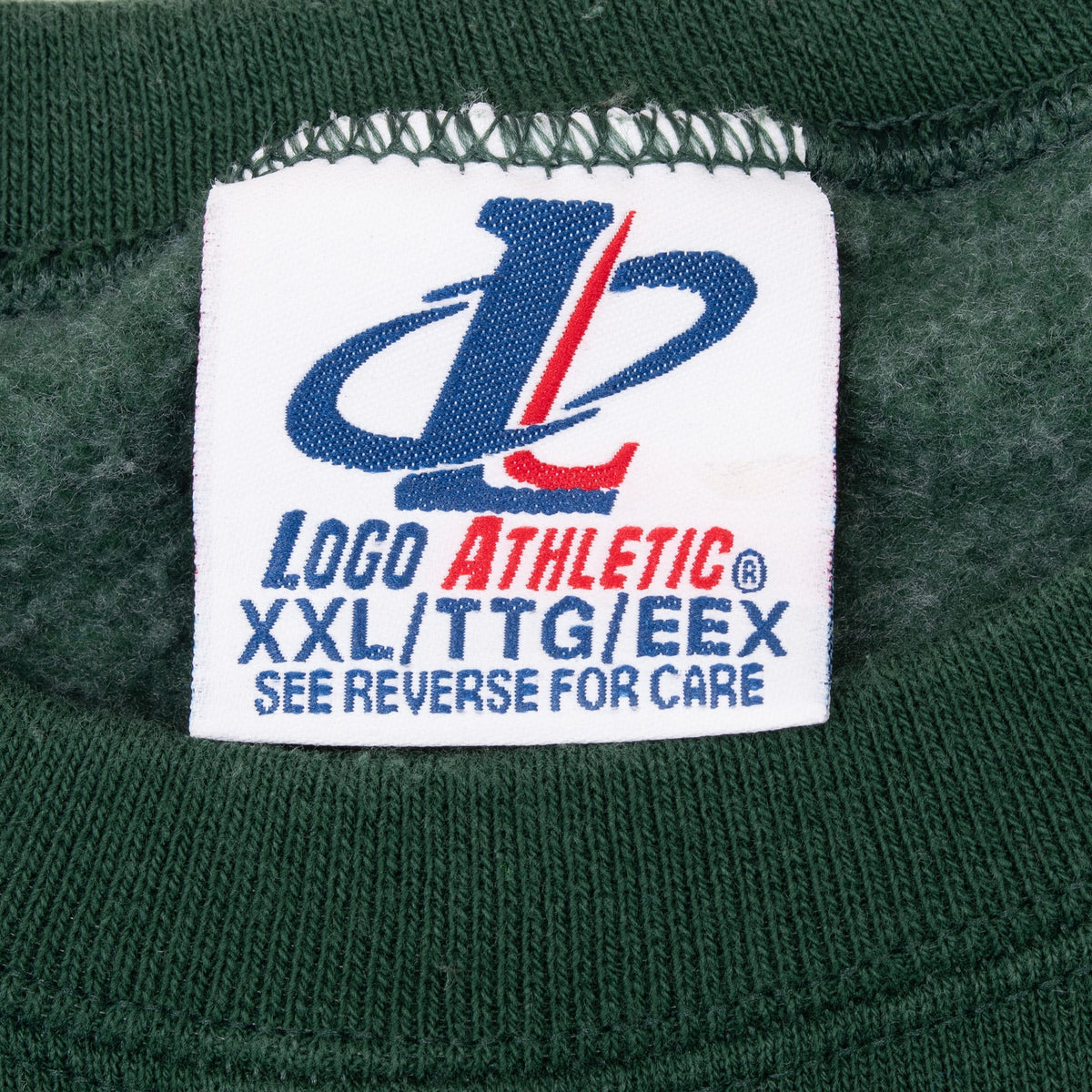 Logo Athletic neck tag marked XXL on green sweatshirt