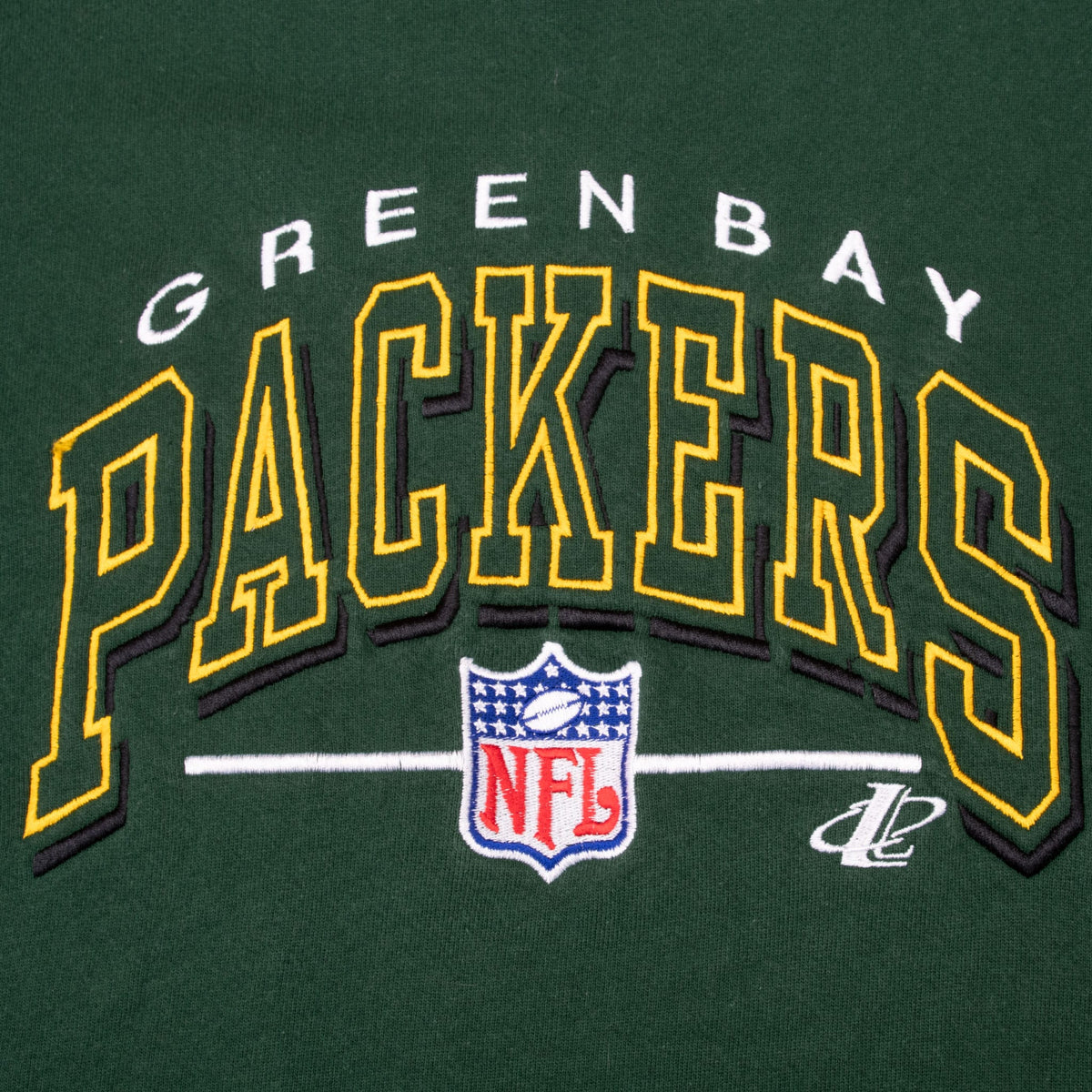 Close-up of Green Bay Packers embroidery with NFL shield and Logo Athletic emblem
