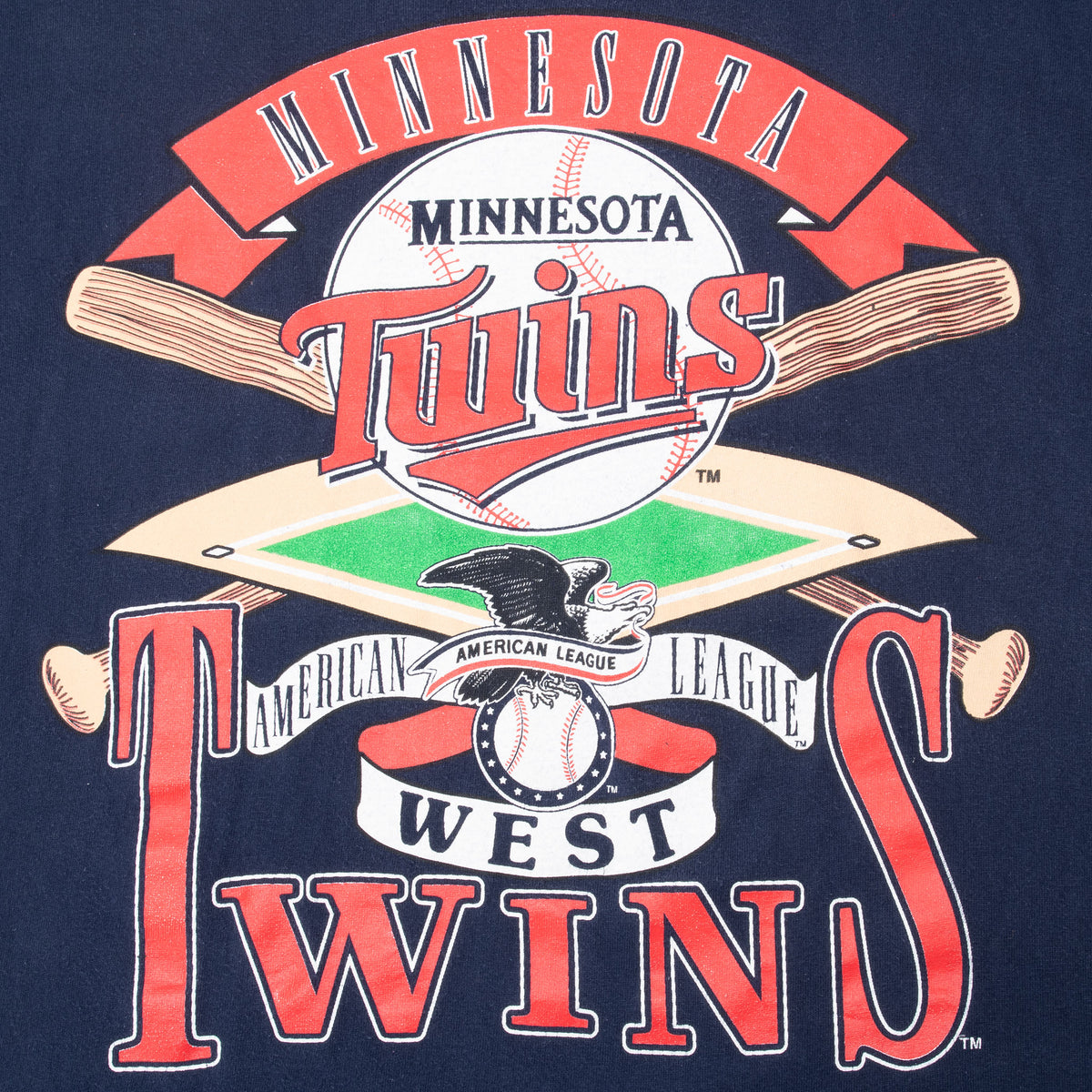 Close-up of Minnesota Twins American League West baseball graphic in red, white, and green