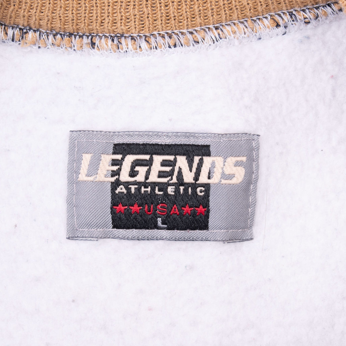 Legends Athletics USA size large neck label inside Notre Dame sweatshirt
