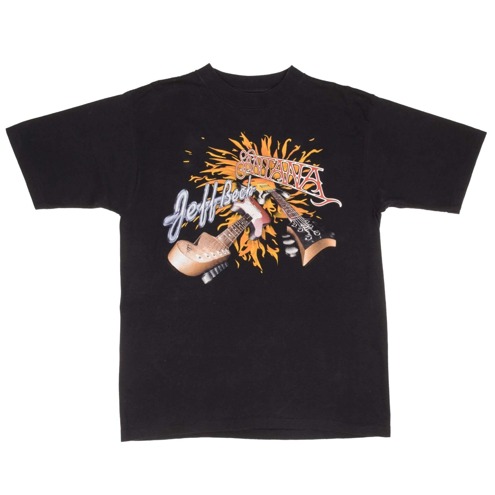 Full front view of black Jeff Beck and Santana 1996 tour T-shirt with guitar graphic
