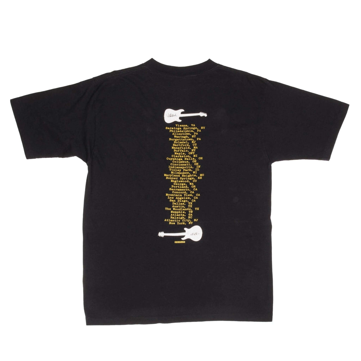 Back of black Jeff Beck and Santana 1996 tour T-shirt with city list and white guitars