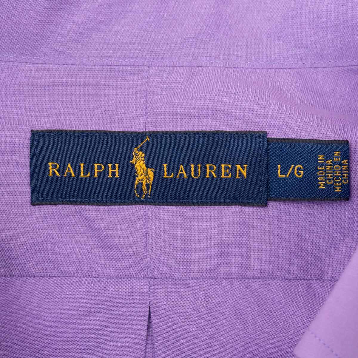 Ralph Lauren collar label and large size tag inside purple shirt