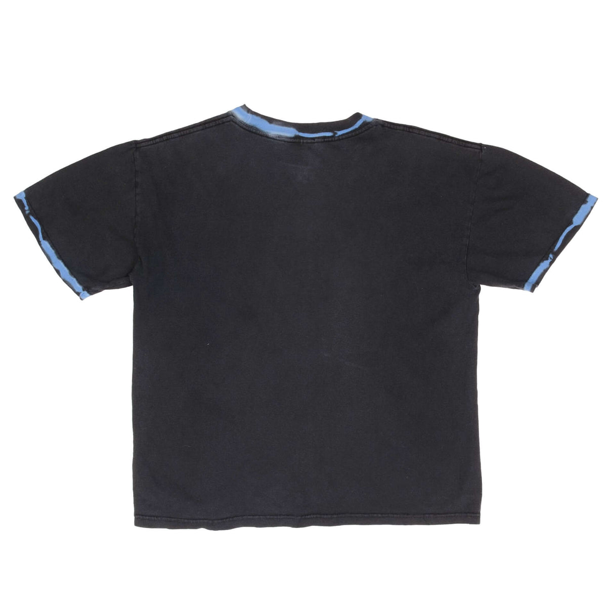 Plain back of black Yu-Gi-Oh youth tee with blue trim at the collar and sleeves