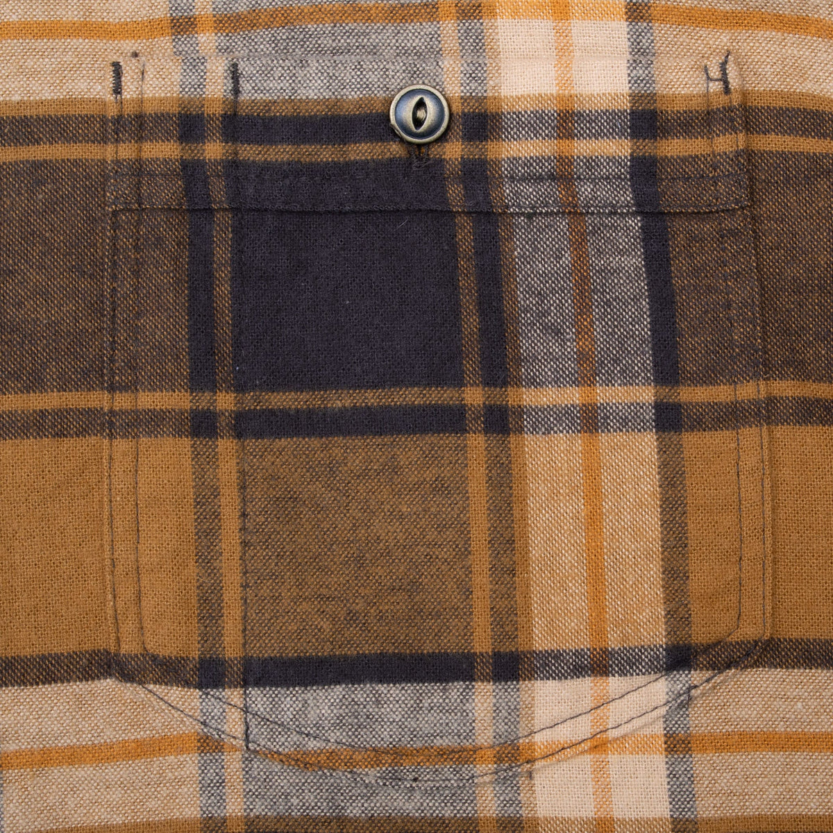 Close-up of button-flap chest pocket and plaid fabric alignment