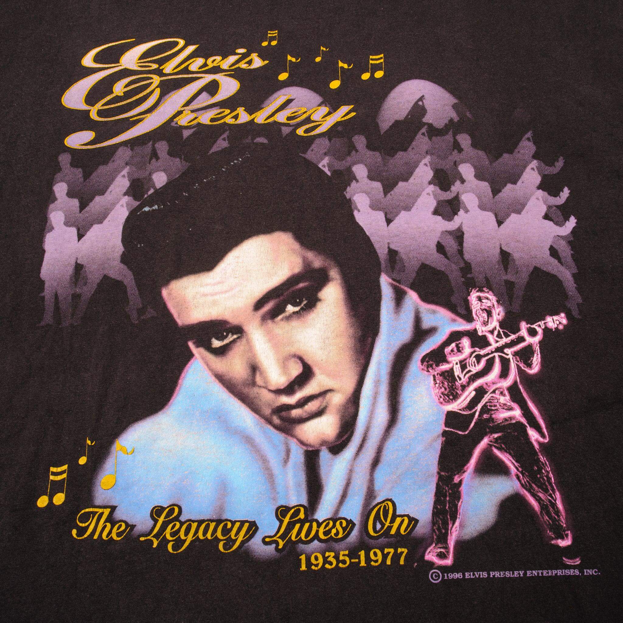 Vintage Elvis Presley The Legacy Lives On Alore Tee Shirt 1996 Size XL Made In USA with single stitch sleeves.