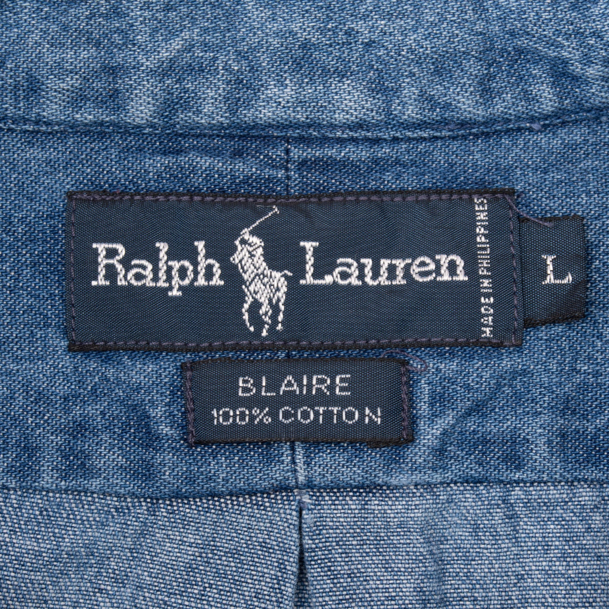 Ralph Lauren neck label and size L tag inside blue denim shirt
