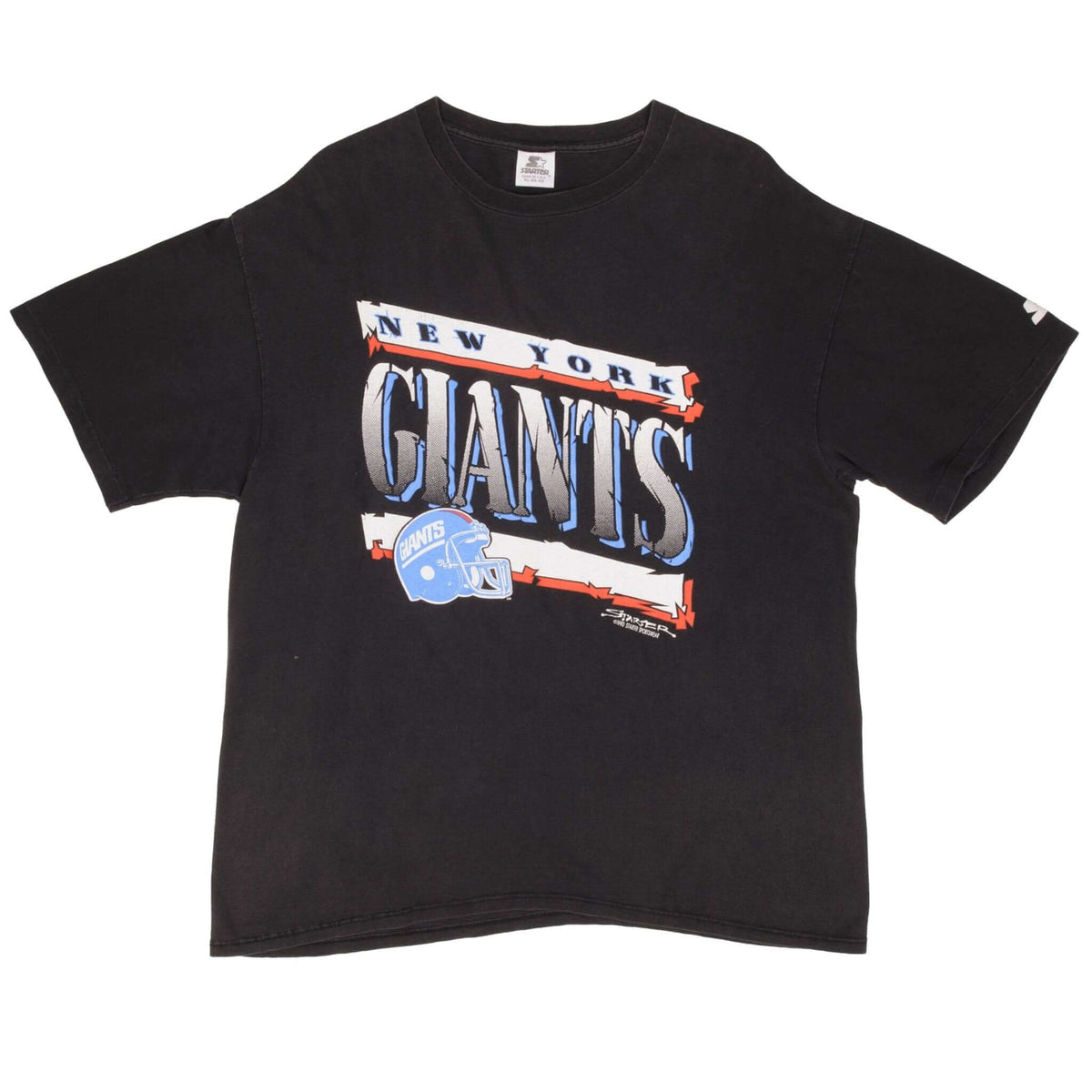 Front of black New York Giants T-shirt with blue, white and red Starter graphic
