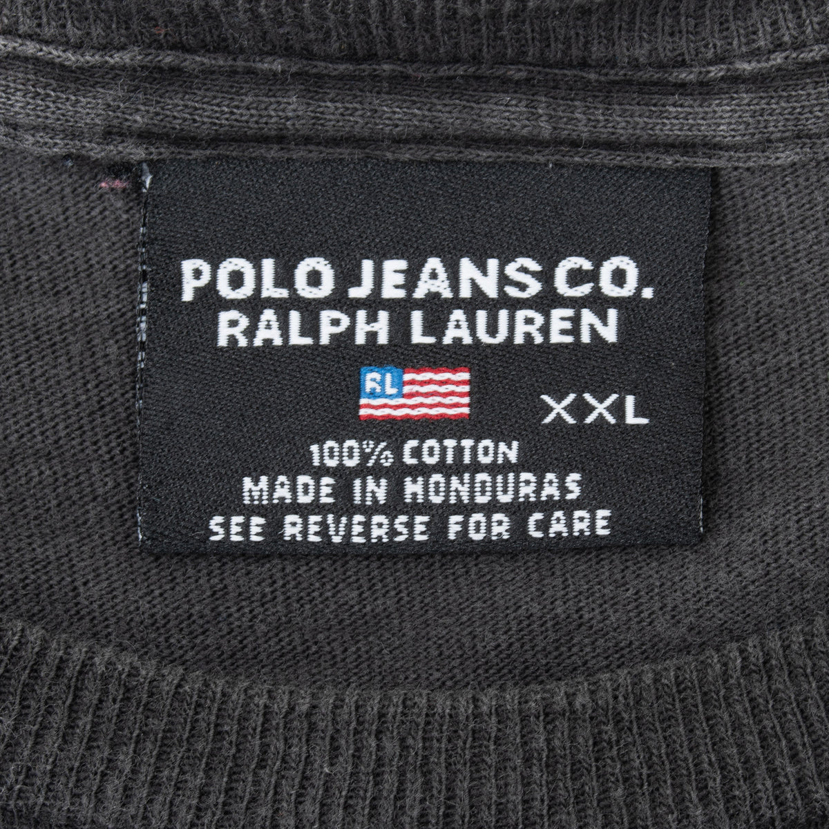 Polo Jeans Co Ralph Lauren neck label marked XXL, 100% cotton and made in Honduras