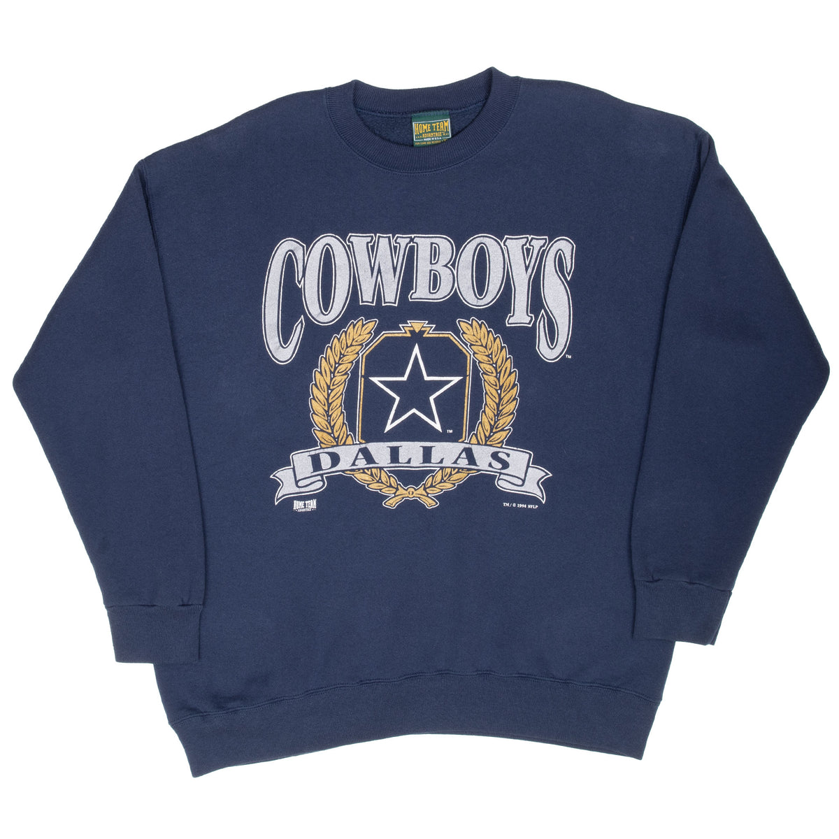 Full front view of navy Dallas Cowboys crewneck sweatshirt with white and gold graphic