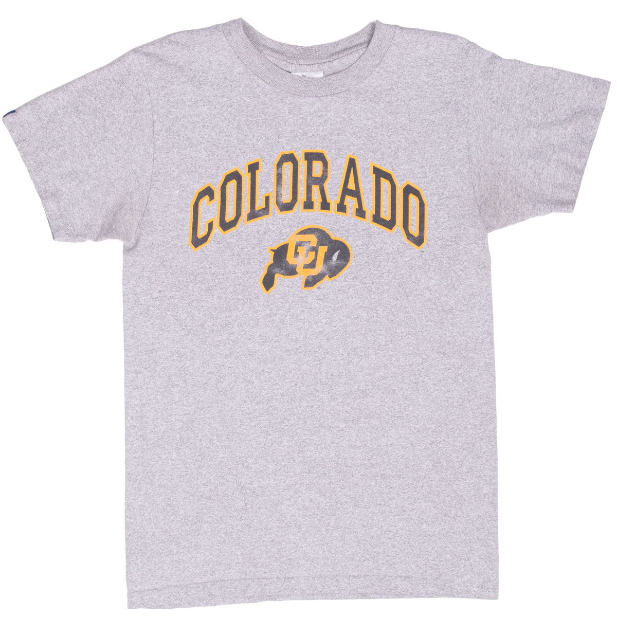 Front of grey Colorado Golden Buffaloes T-shirt with gold and black CU buffalo print