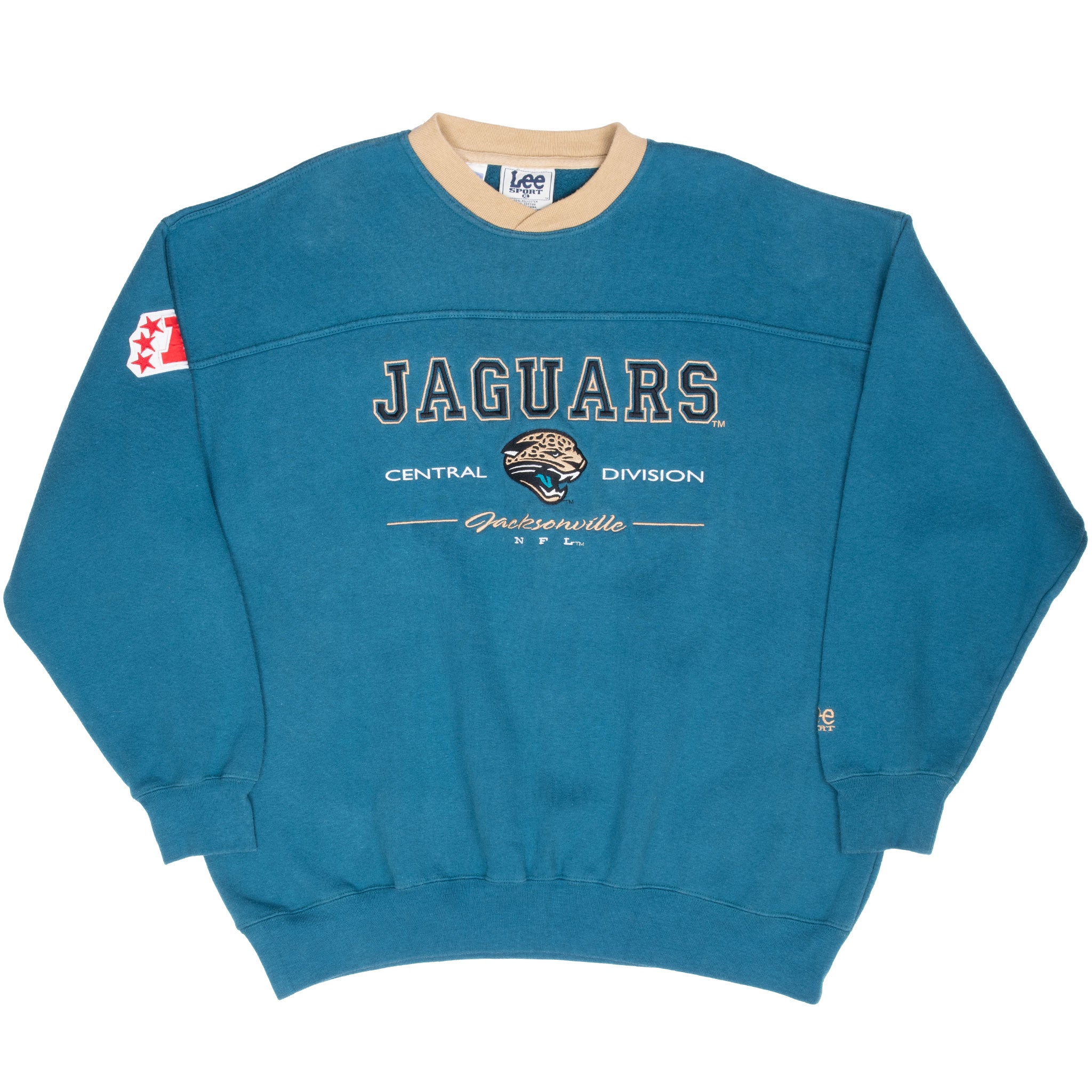 Full front view of teal Jacksonville Jaguars embroidered crewneck sweatshirt