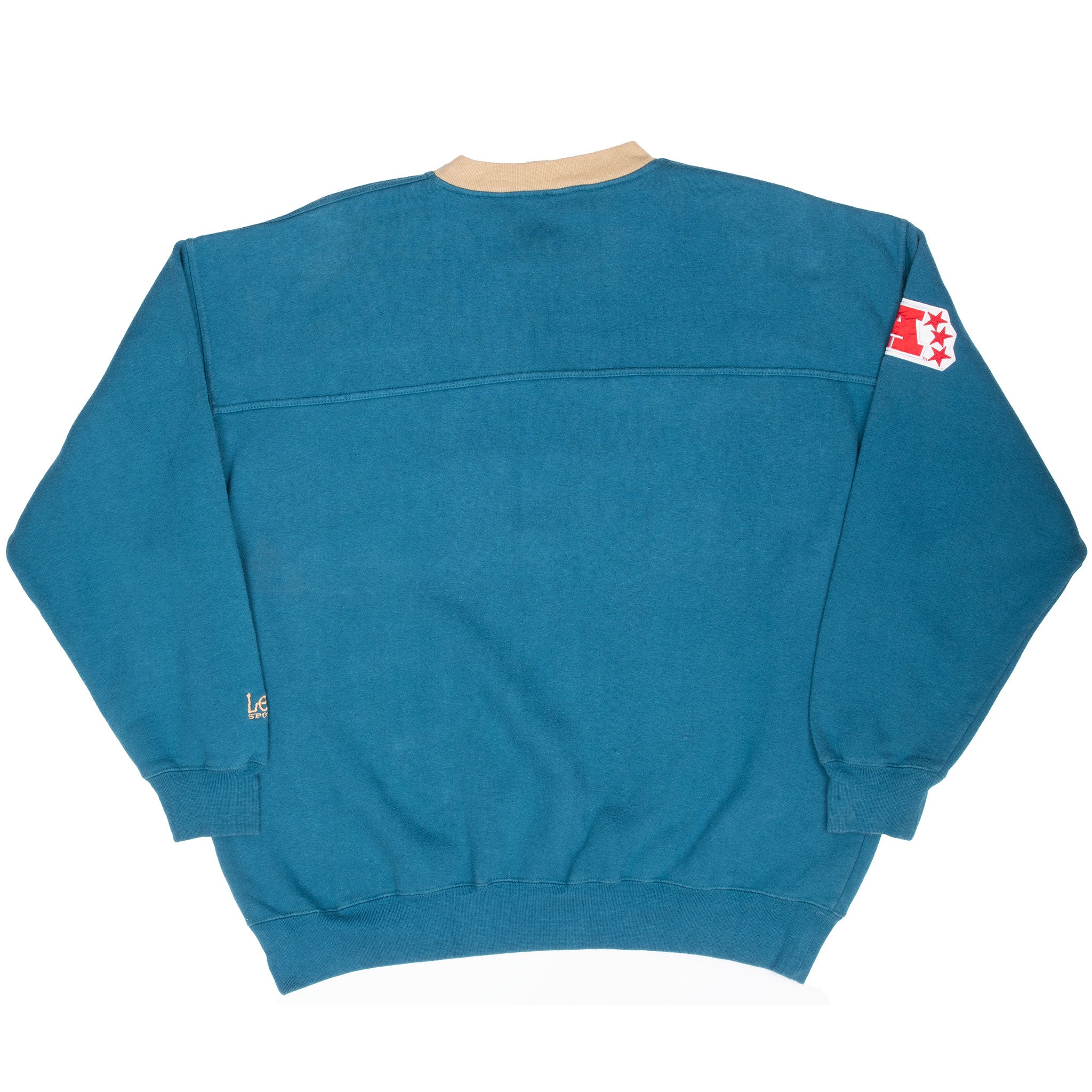Back of teal Jacksonville Jaguars crewneck sweatshirt with sleeve patch