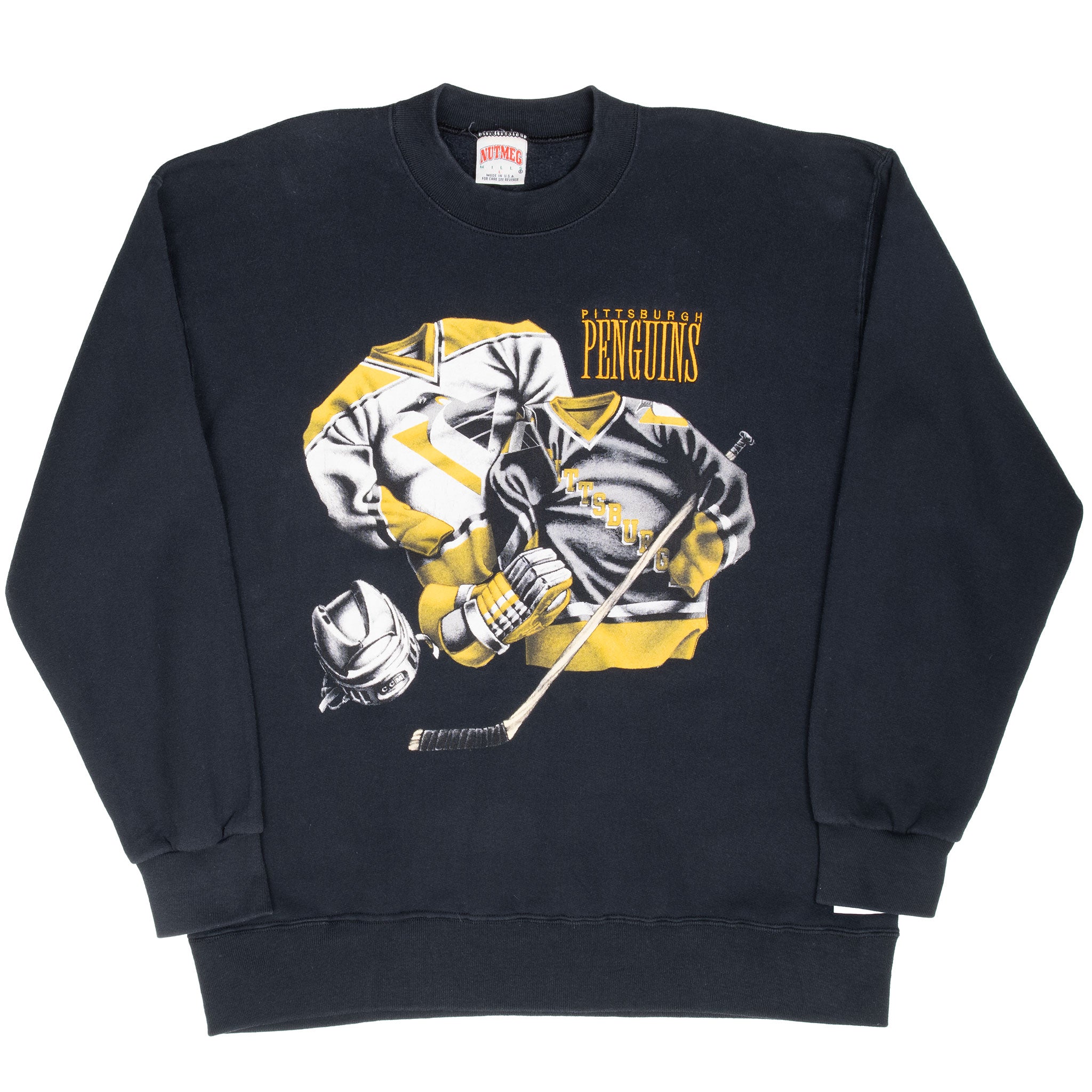 Full front view of black Pittsburgh Penguins crewneck sweatshirt with hockey player graphic
