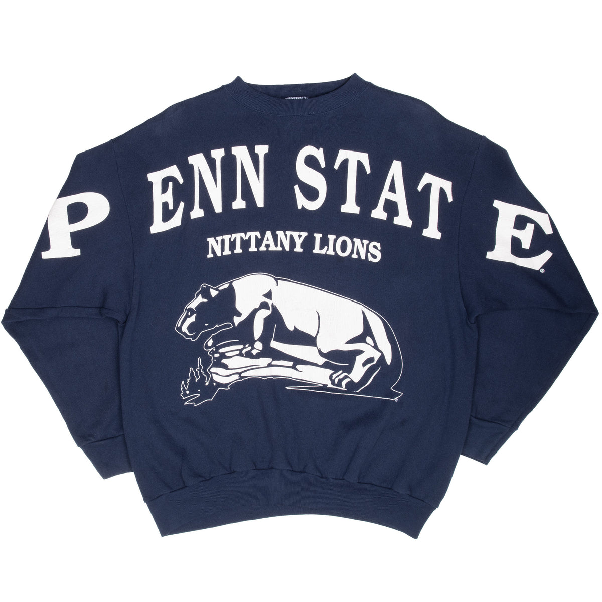Full front of navy Penn State Nittany Lions sweatshirt with white lettering and lion graphic