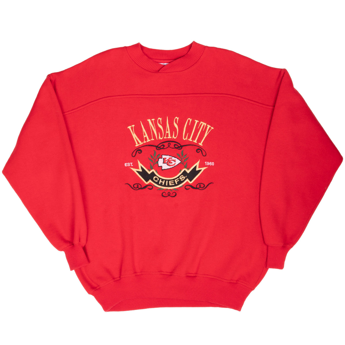 Full front view of red Kansas City Chiefs embroidered sweatshirt