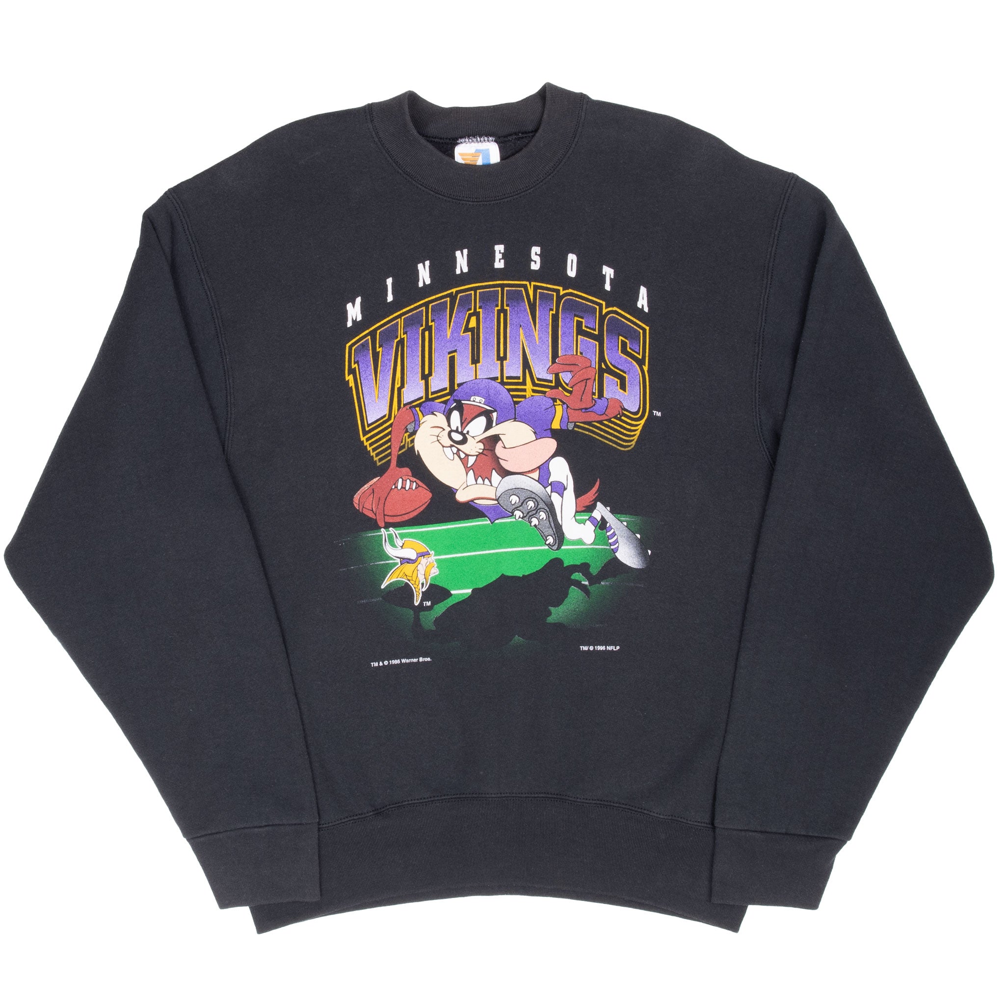 Full front view of black Minnesota Vikings Taz Looney Tunes sweatshirt