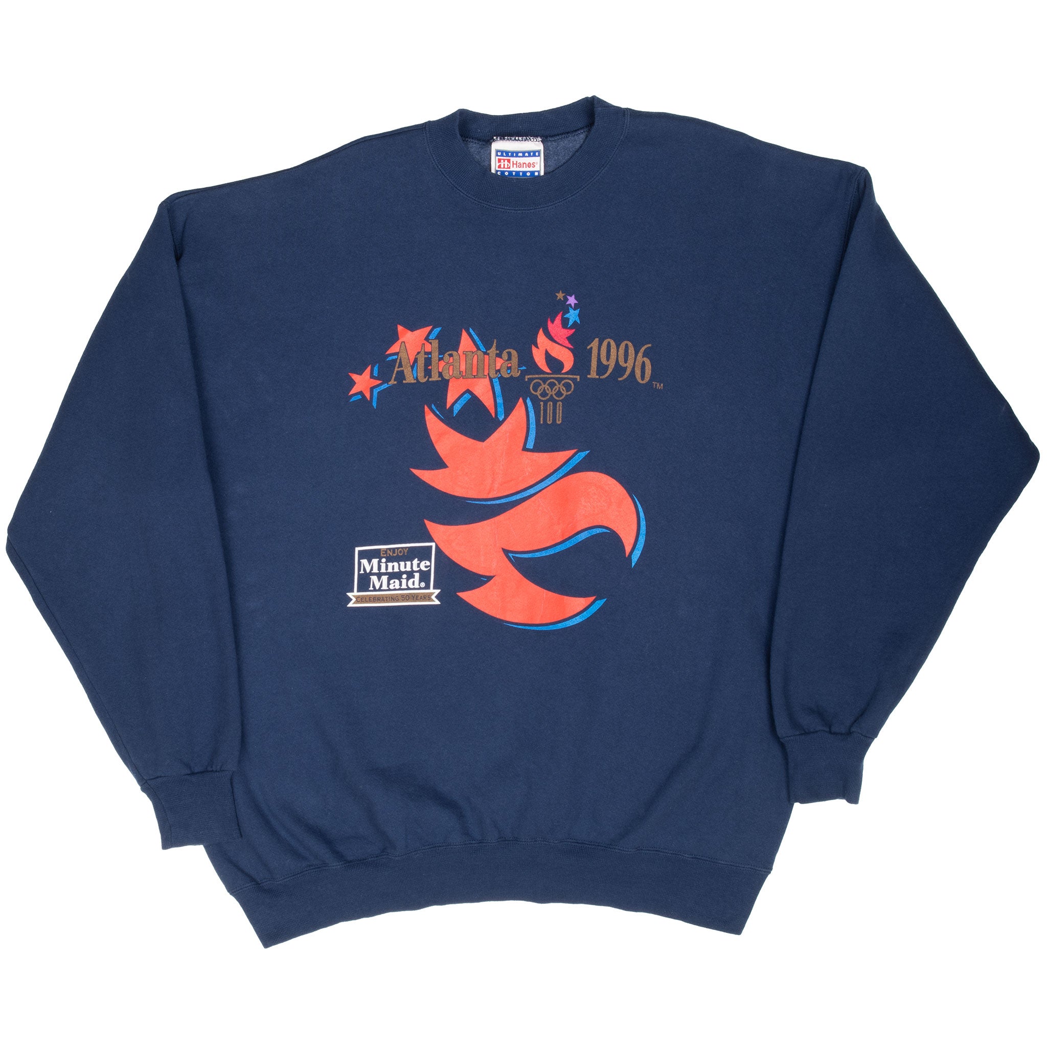 Full front view of navy Atlanta 1996 Olympic Games sweatshirt with Minute Maid graphic