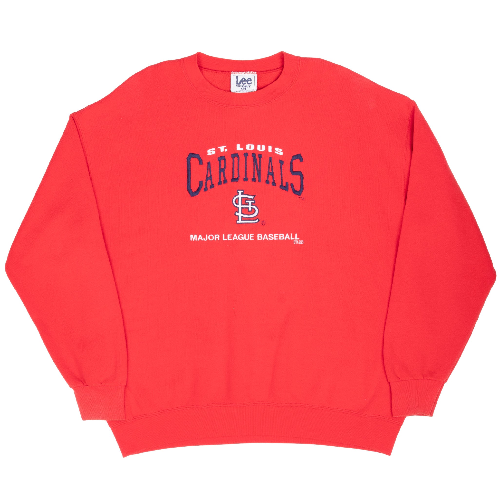 Full front view of red St. Louis Cardinals embroidered crewneck sweatshirt
