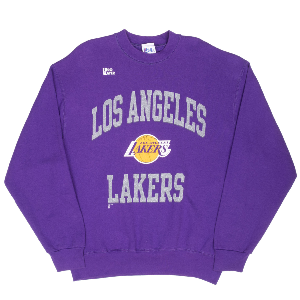 Full front view of purple Pro Player Los Angeles Lakers crewneck sweatshirt