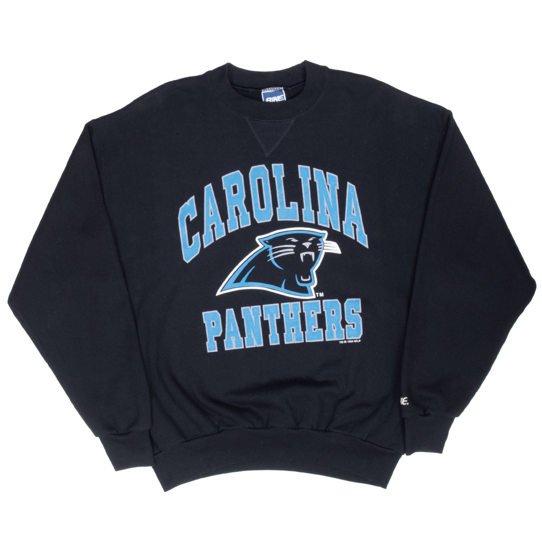 Full front view of black Carolina Panthers sweatshirt with team name and logo print