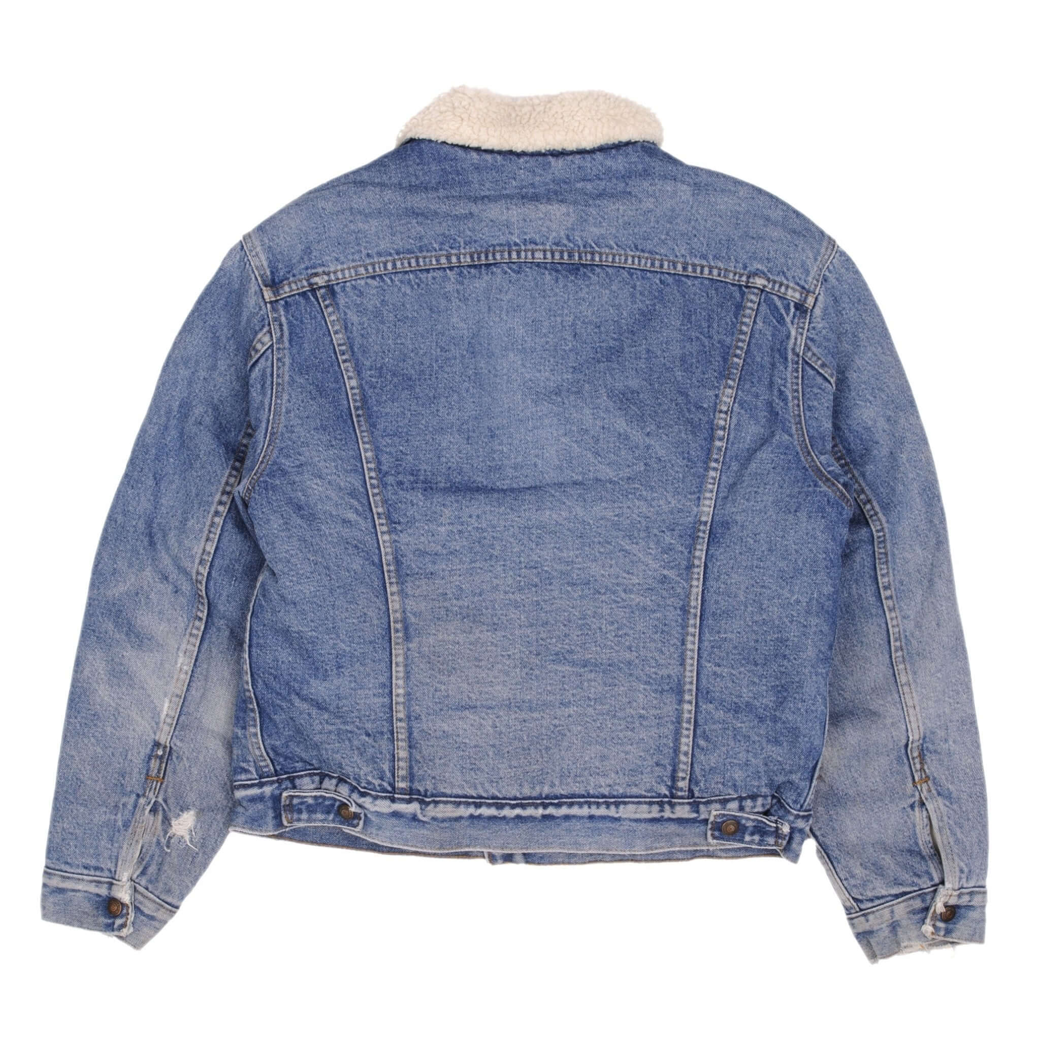 Vintage Levis Sherpa Trucker Denim Jacket 2 Pockets Medium Wash Clean 1970s Size 44R Made In USA Back Button #52
