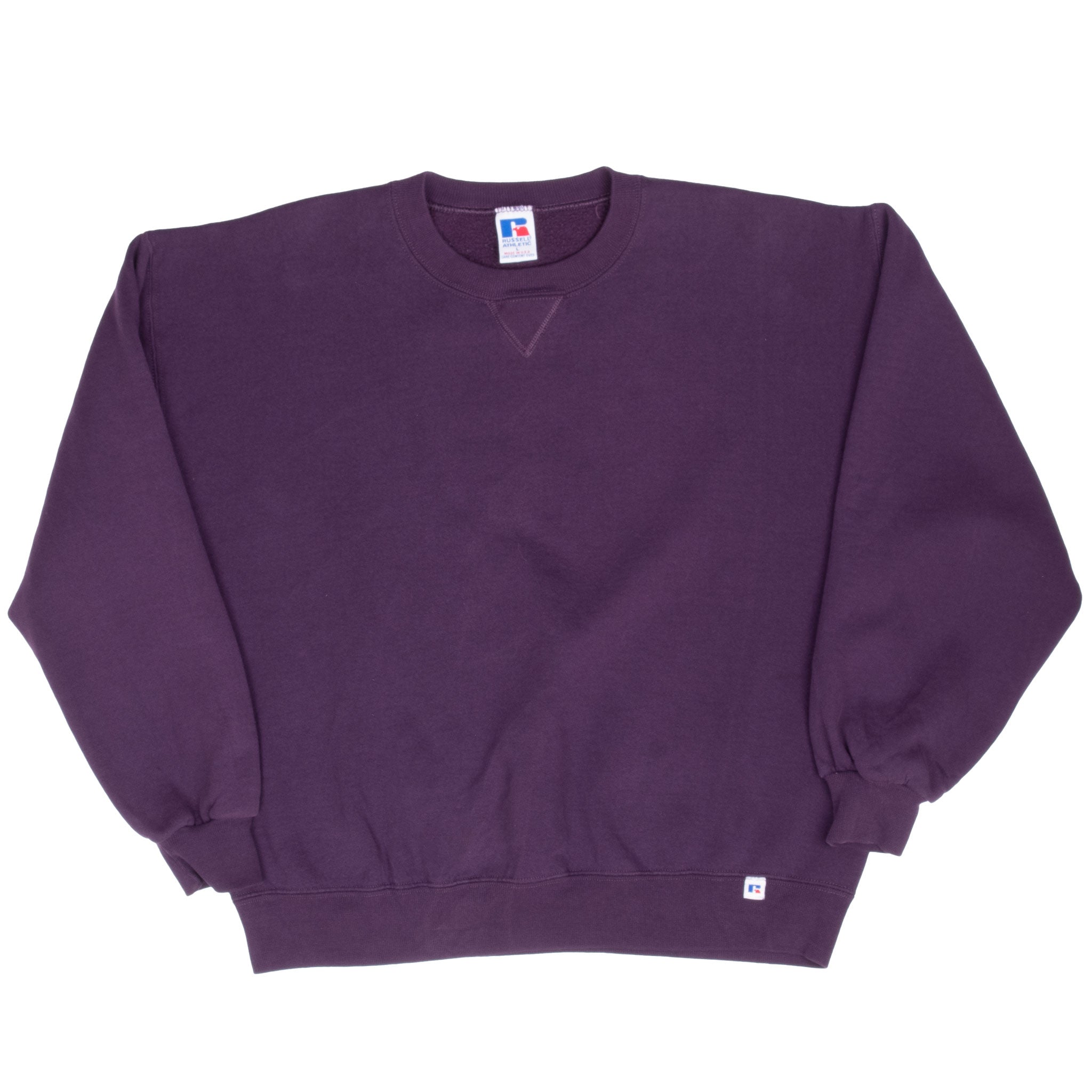Full front view of purple Russell Athletic blank crewneck sweatshirt