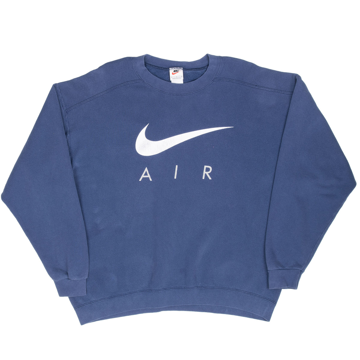 Full front view of blue Nike Air crewneck sweatshirt with white Swoosh
