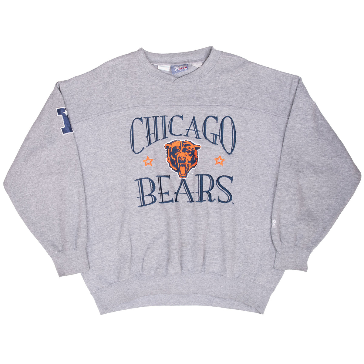 Front of gray Chicago Bears crewneck sweatshirt with embroidered team logo
