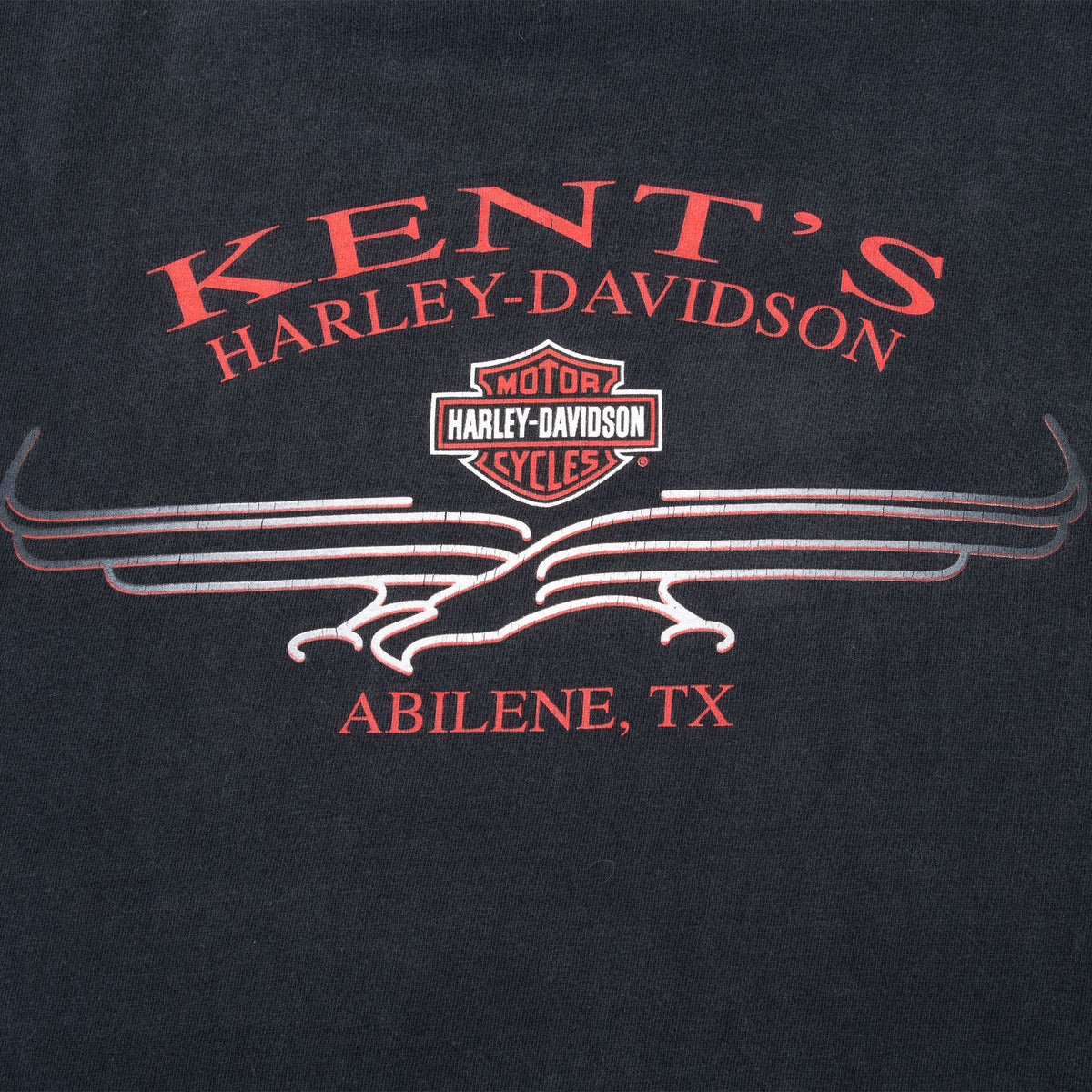 Back graphic detail with Kent's Harley-Davidson eagle and Abilene, TX lettering