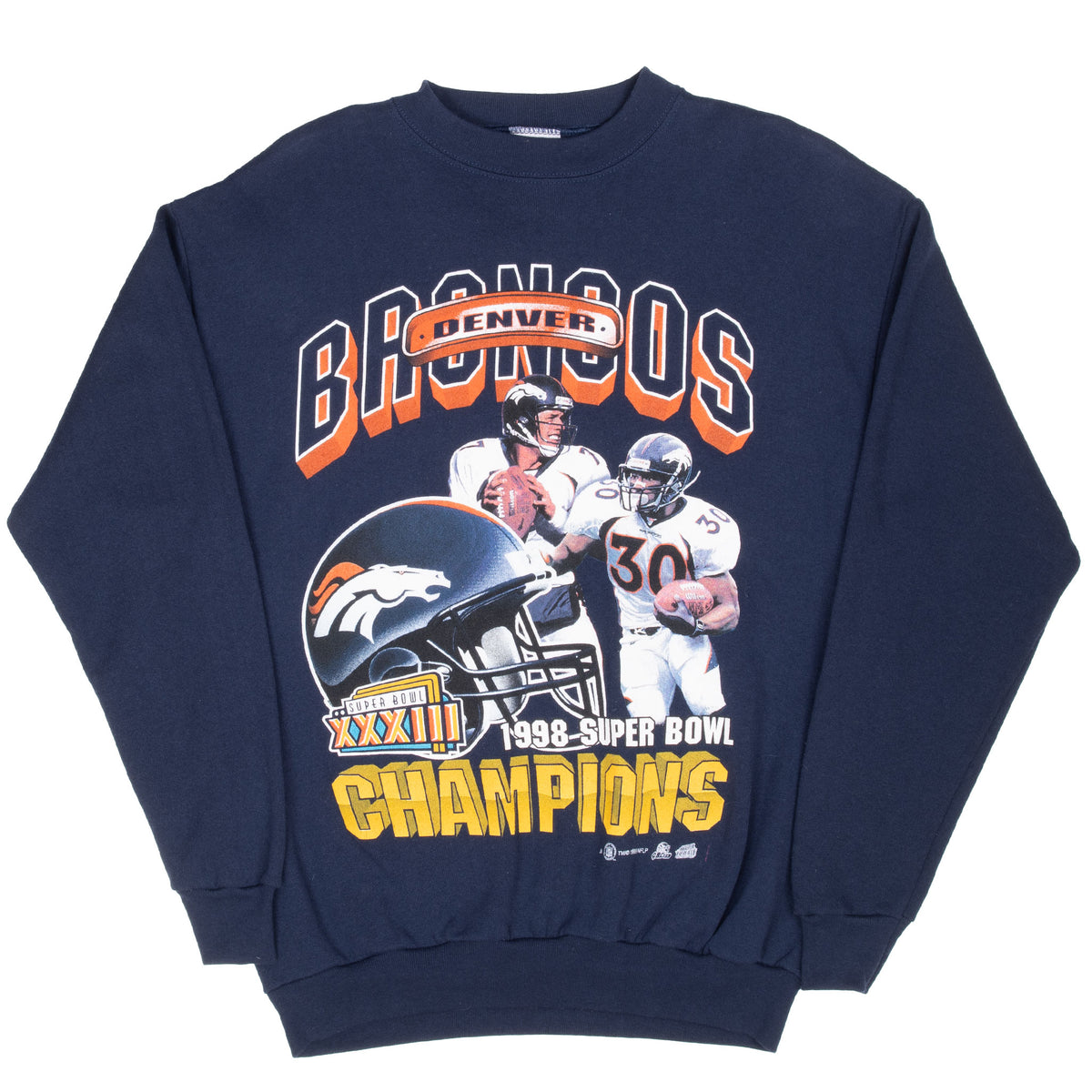 Full front view of navy Denver Broncos Super Bowl XXXIII champions sweatshirt