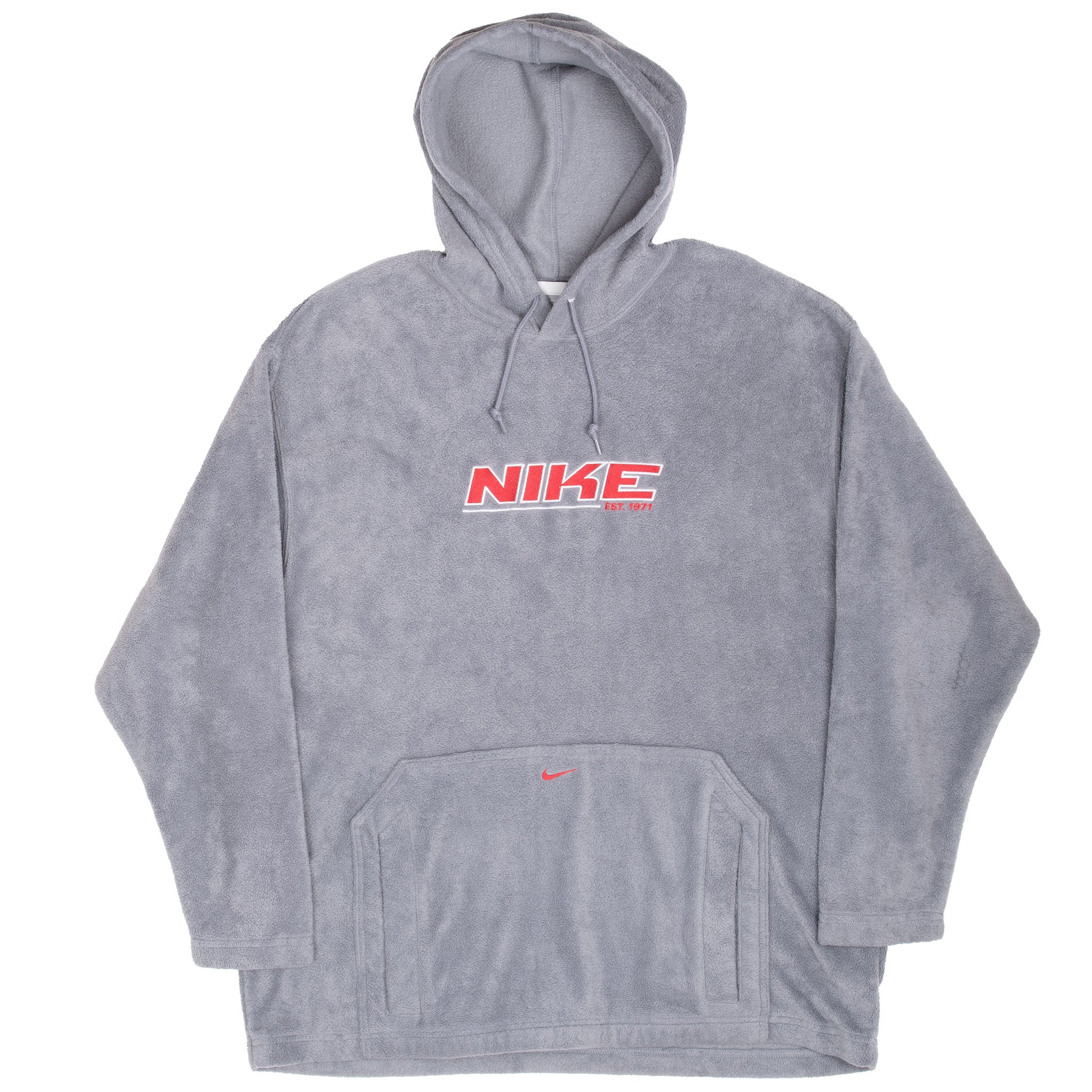 Full front view of grey Nike fleece hoodie with drawstring hood and red logos