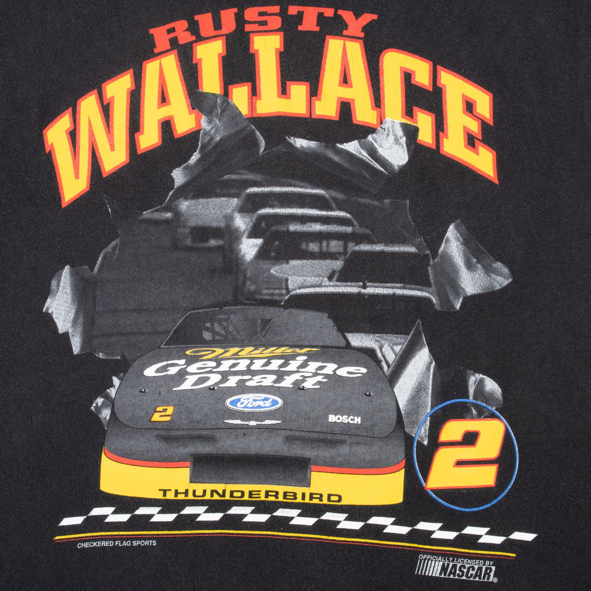 Close-up of Rusty Wallace graphic with No. 2 Ford Thunderbird, checkered flag and NASCAR logo