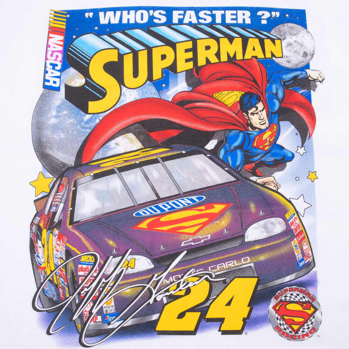 Front print detail with Superman, Who's Faster lettering and Jeff Gordon's No. 24 DuPont car