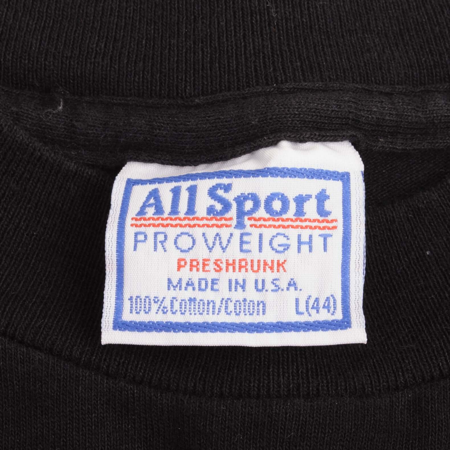 All Sport Pro Weight neck tag marked preshrunk, made in USA, 100% cotton and large
