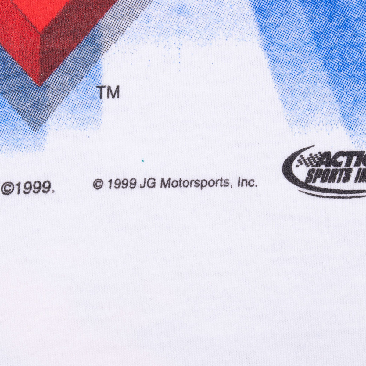 Close-up of 1999 JG Motorsports copyright and Chase Authentics logo on back print